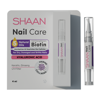 Packaging of Shaan Nail Care product, showing a box and a tube indicating the benefits such as containing natural oils, biotin, hyaluronic acid, keratin, and ginseng. The volume is stated to be 4 ml.