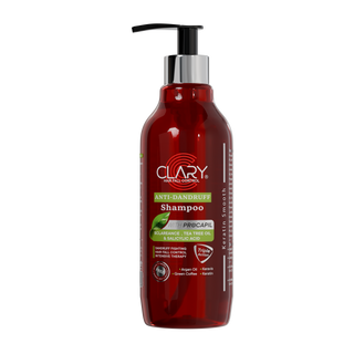 A bottle of CLARY Anti-Dandruff Shampoo with a pump dispenser, predominantly red in color with product information and branding displayed.