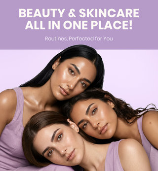 Three women posing together with a promotional text about beauty and skincare all in one place.