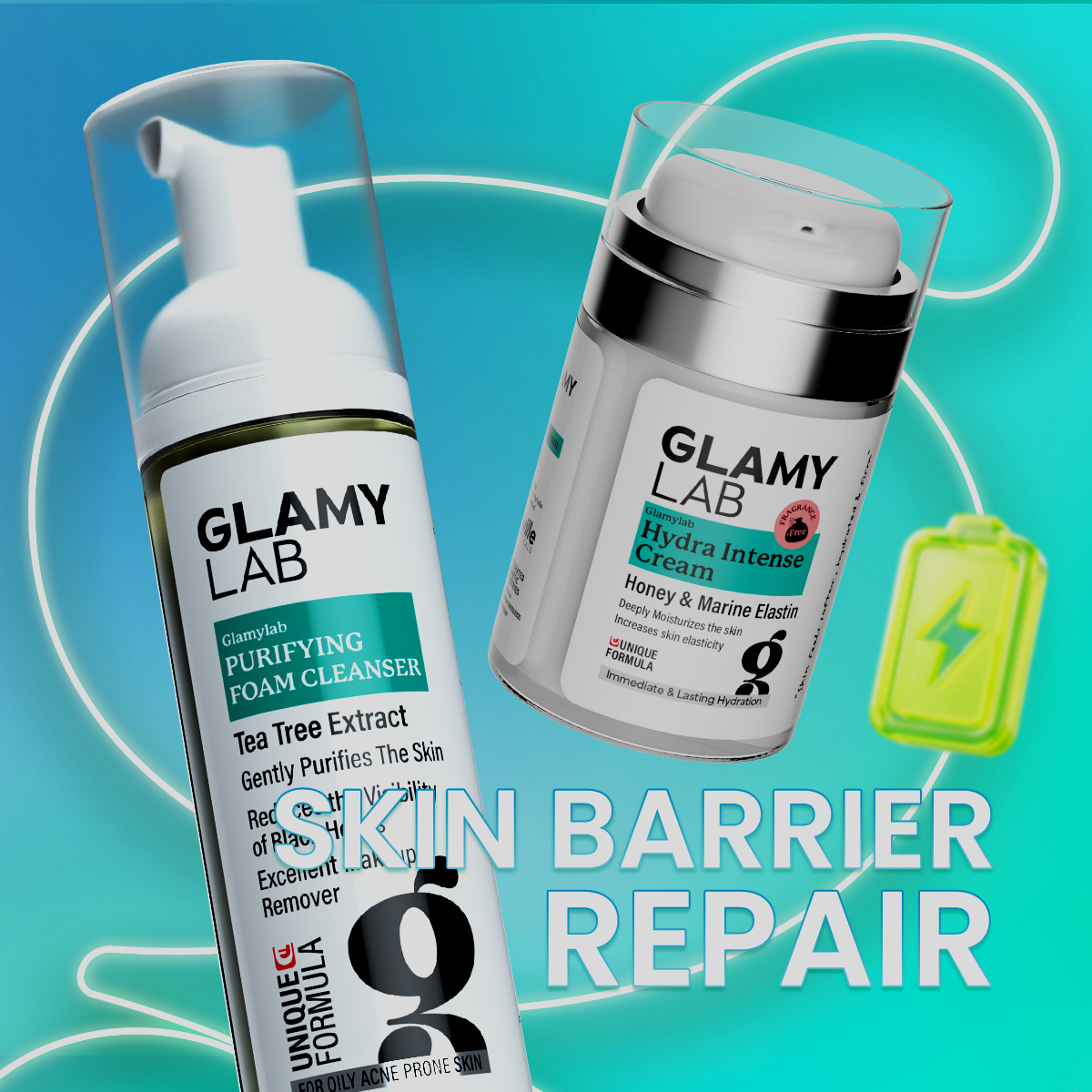 Two skincare products from Glamy Lab  with 'Skin Barrier Repair'.