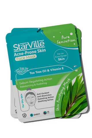 Packaging of StarVille Acne-prone Skin Face Mask with tea tree oil and vitamin E, emphasizing sebum regulating action and hydration for the skin.