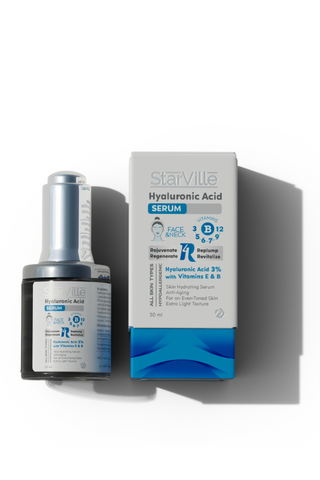 A bottle of StarVille Hyaluronic Acid Serum next to its packaging box.