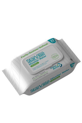 A pack of StarVille Micellar Water Wipes with 25 pieces. The packaging is predominantly white with green text and accents, and features the product name and count.