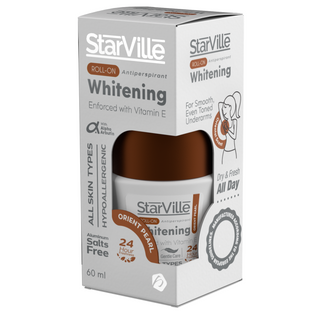 Packaging of Starville Whitening Roll On with Orient Pearl Scent, 60 ml. The box is predominantly white with images of the roll-on container and information about the product.