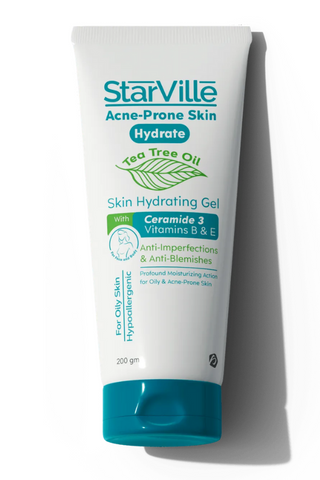 A tube of Starville Acne-Prone Skin Hydrating Gel, 200 gm size.