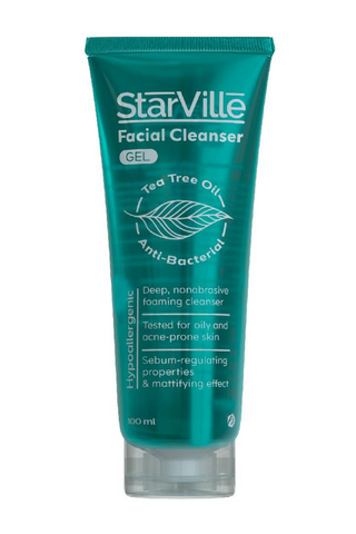 A tube of Starville Facial Cleanser for acne prone skin with tea tree oil, anti-bacterial, and skin clarifying effects.