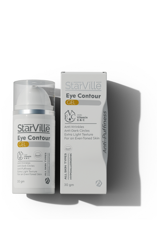 A bottle and box of Starville Eye Contour cream, with the packaging displaying product information.