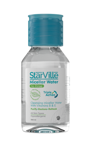 A bottle of Starville Micellar Water 100 ml with product information on the label.