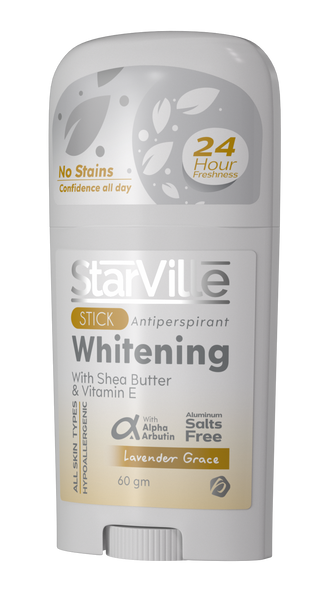StarVille Whitening Stick Lavender Grace 60 ml A stick deodorant  indicating it has anti-perspirant properties and features such as no stains, 24 hour confidence, shea butter, and lavender grace scent.