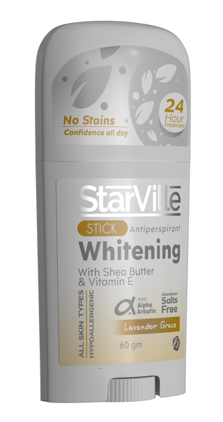 StarVille Whitening Stick Lavender Grace 60 ml A stick deodorant  indicating it has anti-perspirant properties and features such as no stains, 24 hour confidence, shea butter, and lavender grace scent.