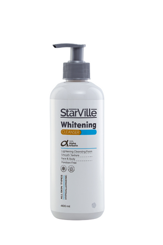 A pump bottle of Starville Whitening Cleanser 400 ml with product details and branding visible.