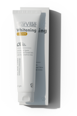 A tube of Starville Whitening Cream, 60 gm, with packaging that indicates it is a skin care product designed for lightening hyperpigmented skin.