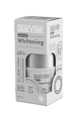 Packaging of Starville Whitening Roll On Fragrance Free 60 ml, showing the box and the roll-on container.