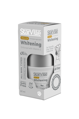 Packaging of Starville Whitening Roll On with lavender scent, 60 ml volume, indicating it is for underarm use and has various skin benefits.