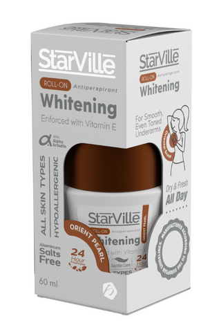 Packaging of Starville Whitening Roll On with Orient Pearl Scent, 60 ml. The box is predominantly white with images of the roll-on container and information about the product.