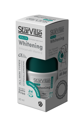 Packaging of Starville Whitening Roll on Fresh Breeze 60 ml, displaying the product and its box with information about the deodorant's features.