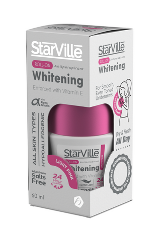Packaging of Starville Whitening Roll on Light Pink with Coconut Scent 60 ml, indicating it is a skin lightening product with vitamin E and suitable for all skin types.