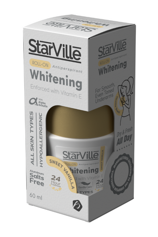 Packaging of Starville Whitening Roll on Sweet Vanilla, showing the box and the roll-on container with product details.