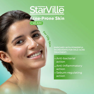 Advertisement for Starville acne-prone skin cream with a woman's face 