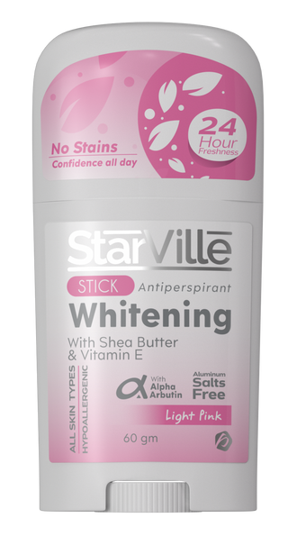 StarVille Whitening Stick Light Pink A stick deodorant with a label indicating it is a 'Whitening Stick' in light pink color, with shea butter and vitamin E, and boasts of being stain-free for 24 hours.