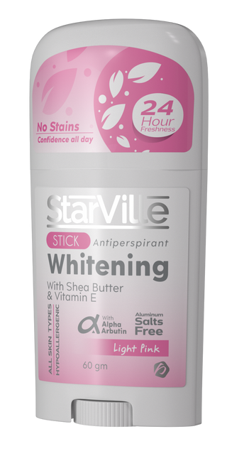 StarVille Whitening Stick Light Pink A stick deodorant with a label indicating it is a 'Whitening Stick' in light pink color, with shea butter and vitamin E, and boasts of being stain-free for 24 hours.