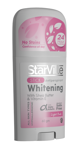 StarVille Whitening Stick Light Pink A stick deodorant with a label indicating it is a 'Whitening Stick' in light pink color, with shea butter and vitamin E, and boasts of being stain-free for 24 hours.