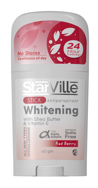 Starville Whitening stick Red Berry A stick deodorant with red and white color scheme branded as Starville Whitening stick in Red Berry variant, indicating it is sweat and stain resistant with 24 hour protection.
