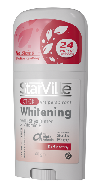 Starville Whitening stick Red Berry A stick deodorant with red and white color scheme branded as Starville Whitening stick in Red Berry variant, indicating it is sweat and stain resistant with 24 hour protection.
