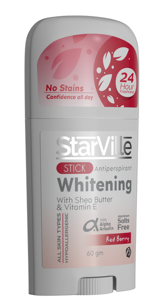 Starville Whitening stick Red Berry A stick deodorant with red and white color scheme branded as Starville Whitening stick in Red Berry variant, indicating it is sweat and stain resistant with 24 hour protection.
