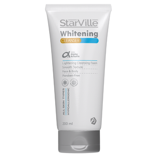 A tube of Starville Whitening Cleanser with product information.