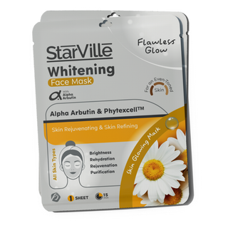 A packaged StarVille Whitening Face Mask sheet with floral imagery and product information.