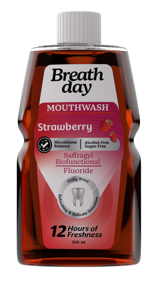 Bottle of Breath Day Strawberry mouthwash 