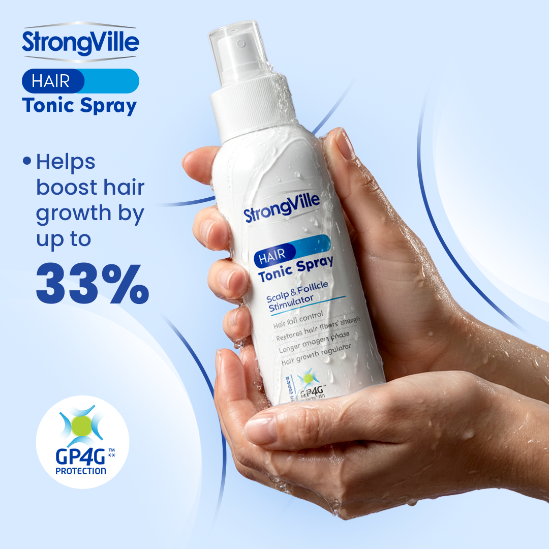 StrongVille Hair Tonic Spray held in a hand with product details 