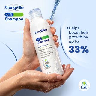 StrongVille hair shampoo bottle with water droplets 