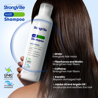 StrongVille hair shampoo bottle with text detailing product benefits 