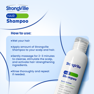 Strongville hair shampoo bottle with usage instructions 