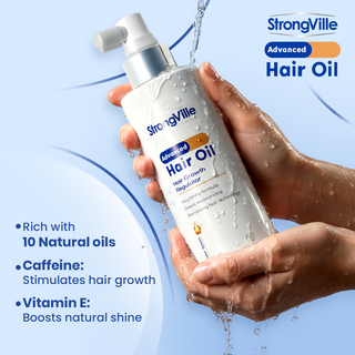 StrongVille Advanced Hair Oil bottle with water droplets