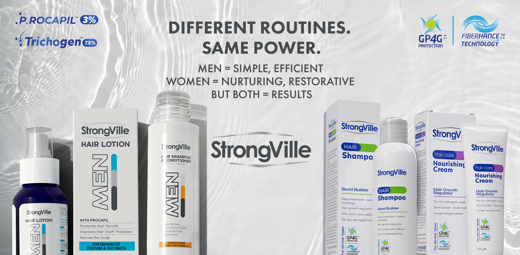 StrongVille men and women hair care product line with various bottles and boxes.