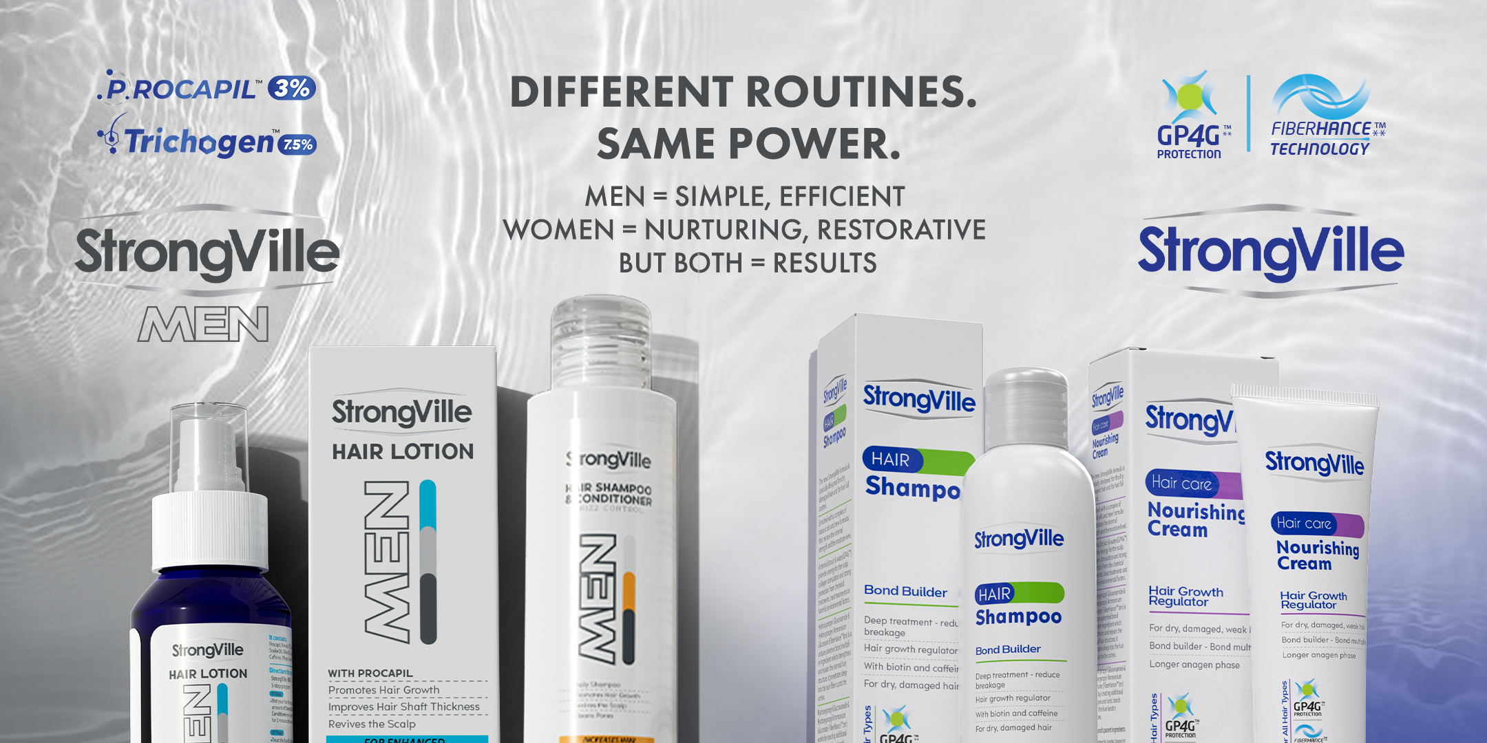 StrongVille men and women hair care product line with various bottles and boxes.