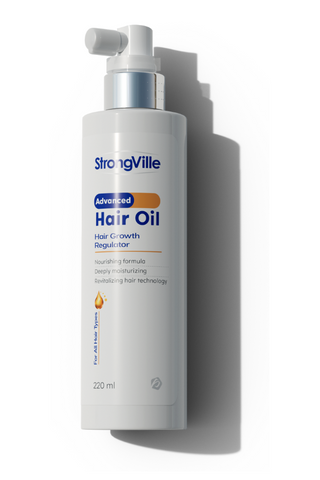 A bottle of Strongville Advanced hair oil with a white and blue label, indicating a 200 ml.