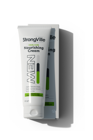 A tube of Strongville Men Cream, with packaging that indicates it is a hair care product. 