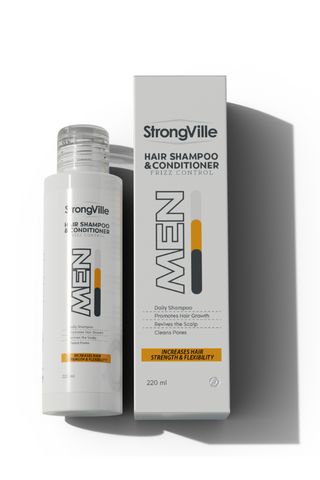A bottle of Strongville Men Shampoo & Conditioner next to its packaging box.