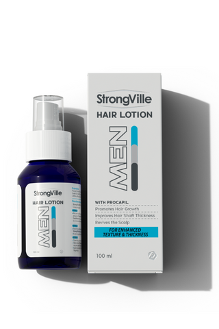 A bottle of Strongville Men Hair Lotion next to its packaging box.