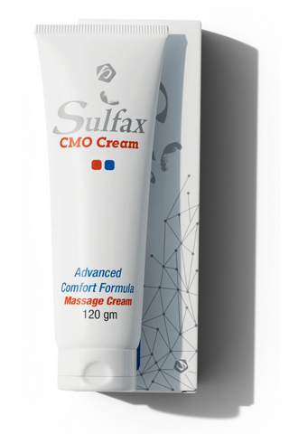 A tube of Sulfax CMO cream 120 gm with a white and blue color scheme, indicating it is a massage cream for joint pain relief.