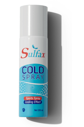 A can of Sulfax Cold Spray, 200 ml, with a white and blue label, indicating it is used for sports injuries and pain relief.