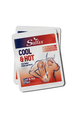 Packaging of Sulfax Cool & Hot Pain Relief Hydrogel Patch showing the product and its name, with visual graphics indicating the pain relief effect.