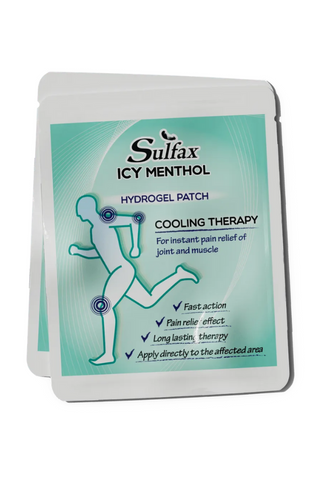 Packaging of Sulfax Icy Menthol Hydrogel Patch with illustration showing the application on a person's back indicating pain relief.