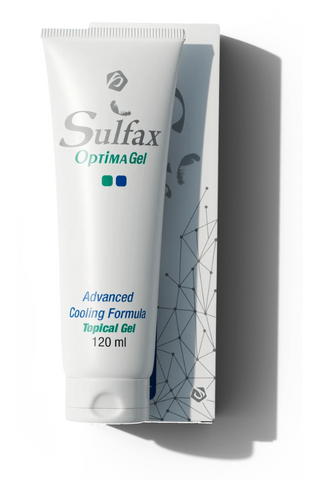 A tube of Sulfax Optima Gel 120ml, which is a topical gel used for treating pain and edema associated with osteoarthritis.