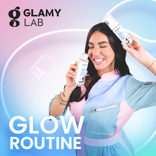 Woman holding Glamy Lab skincare products 'Glow Routine'