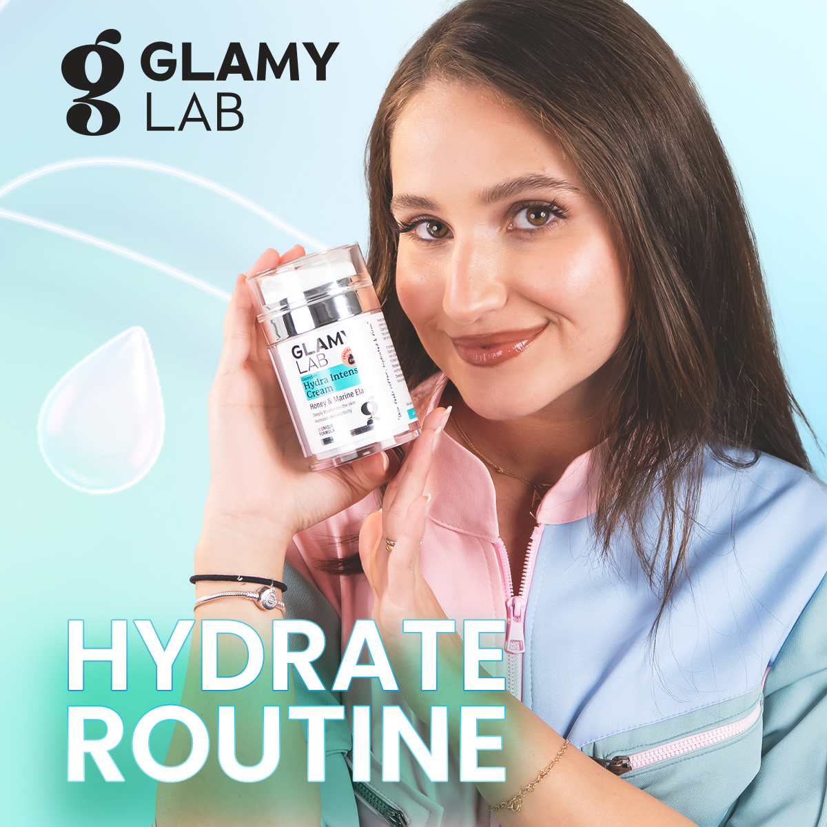 Woman holding Glamy Lab Hydra Intense fragrance-free skincare product 